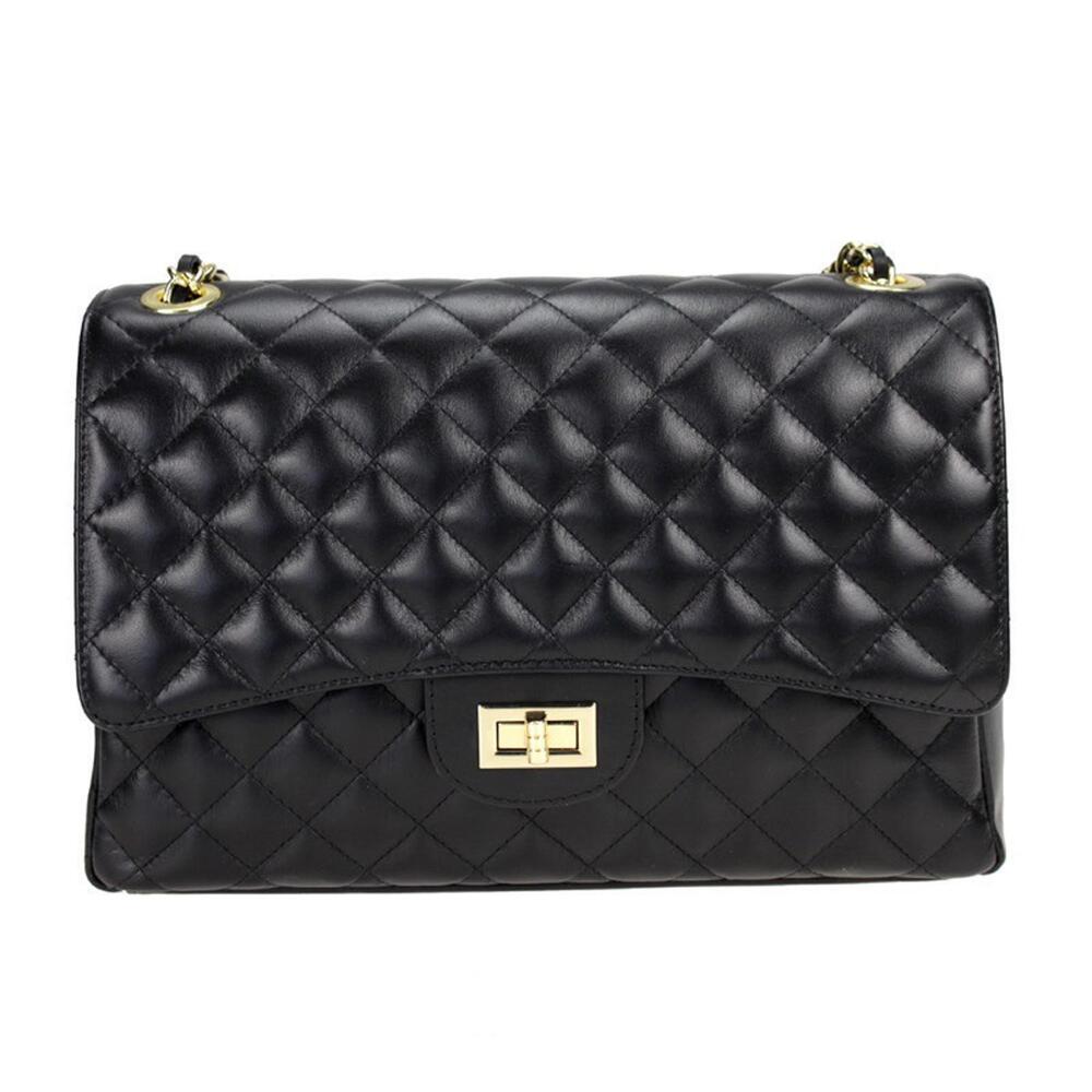 Handmade Black Italian Leather Shoulder Bag Quilted Crossbody Handbag Purse
